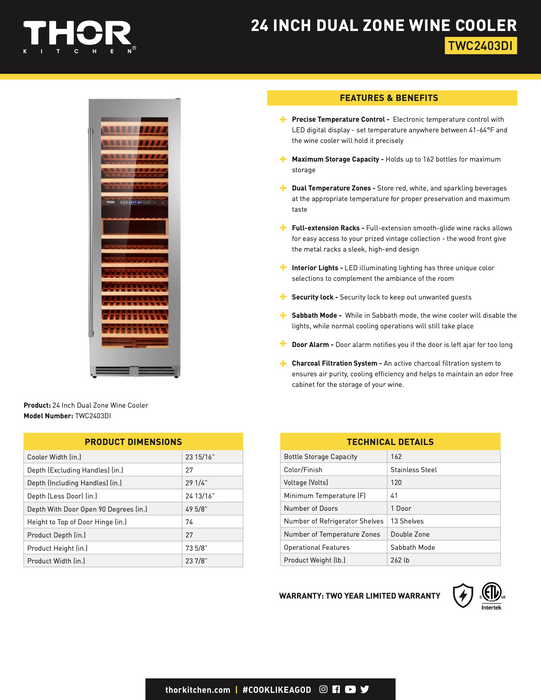 24 Inch Dual Zone Wine Cooler 162 Wine Bottle Capacity (TWC2403DI)