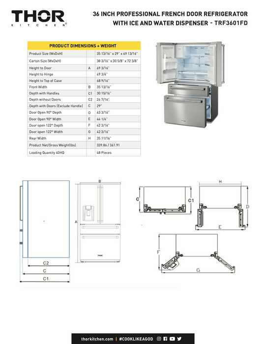 36" PROFESSIONAL FD REFRIGERATOR W/ DISPENSER (TRF3601FD)