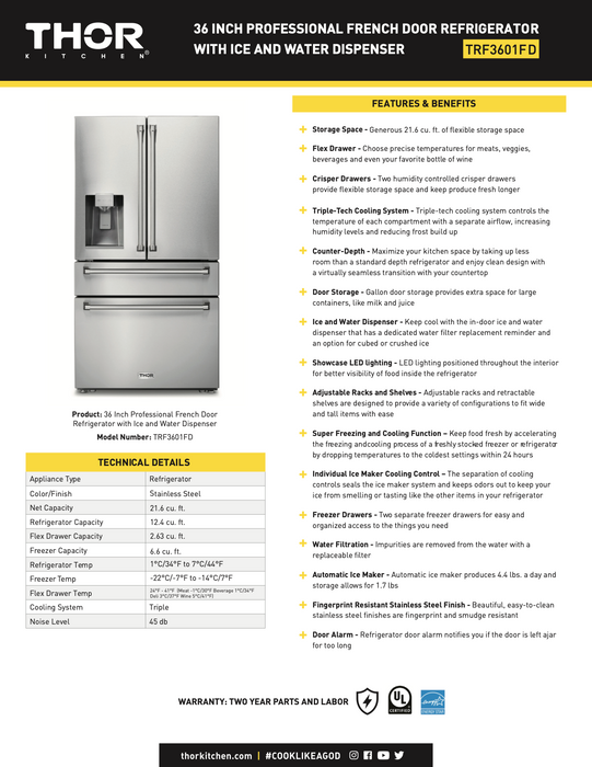 36" PROFESSIONAL FD REFRIGERATOR W/ DISPENSER (TRF3601FD)