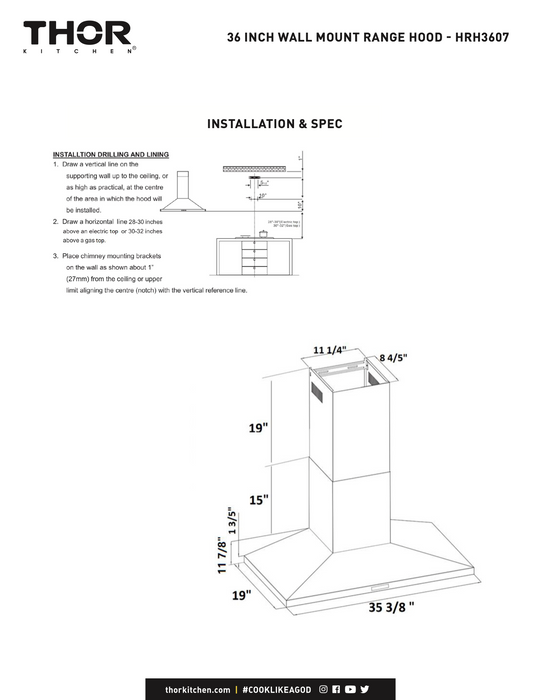 36" WALL MOUNT CHIMNEY RANGE HOOD - THOR (HRH3607)