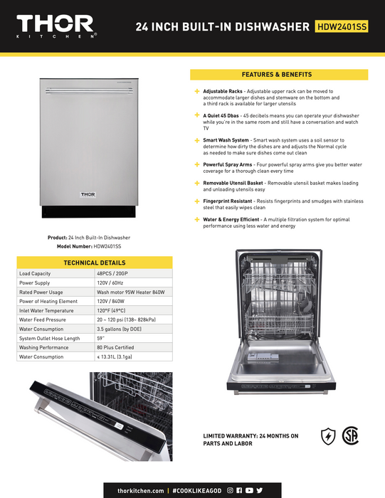 24" PRO PRO STYLE STAINLEES STEEL DISHWASHER THOR (HDW2401SS)