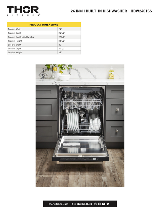 24" PRO PRO STYLE STAINLEES STEEL DISHWASHER THOR (HDW2401SS)