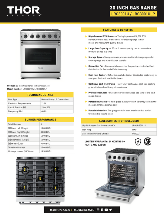 30" PROFESSIONAL STAINLESS STEEL SEALED 5 THOR (LRG3001U)