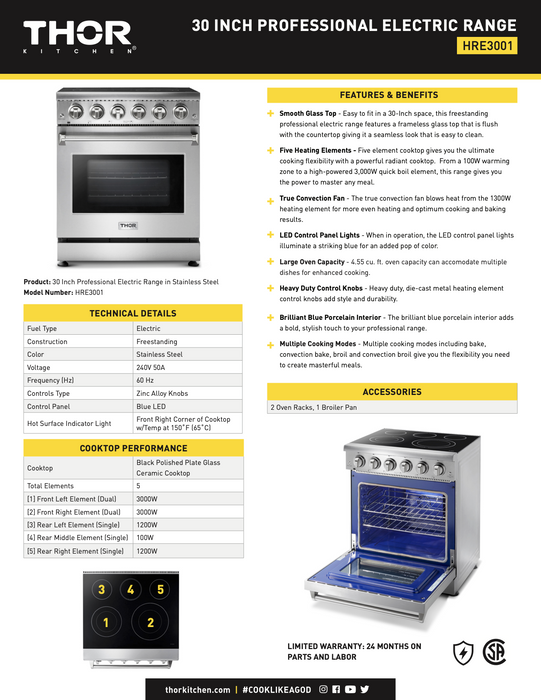 30" Electric Range in Stainless Steel THOR (HRE3001)