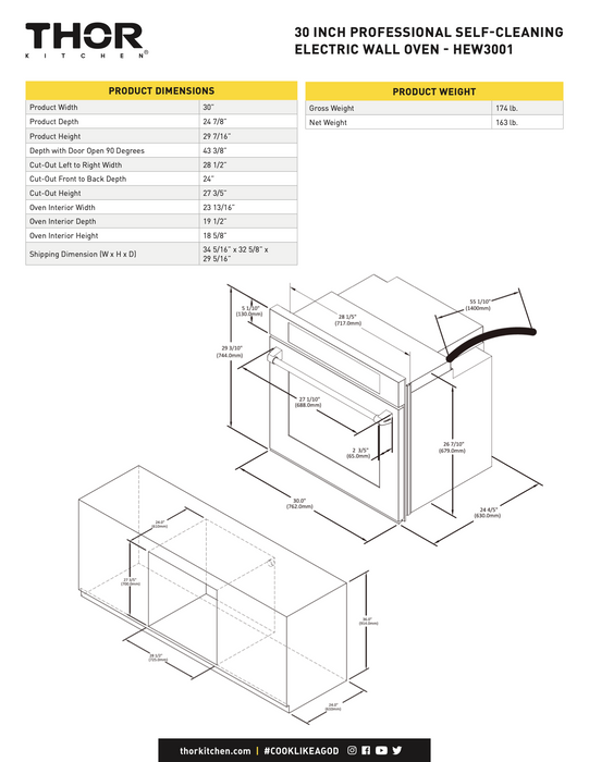 30" PROFESSIONAL STAINLESS STEEL ELECTRIC WALL OVEN THOR (HEW3001)