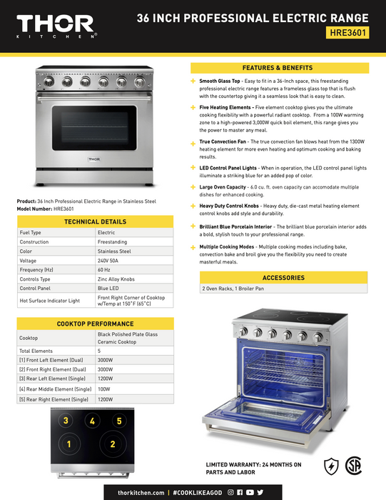36" Electric Range in Stainless Steel  5 ELEMENTS THOR (HRE3601)