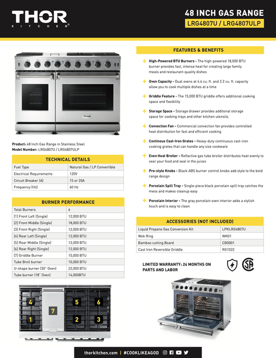 48" FREESTANDING STAINLESS STEEL GAS RANGE THOR (LRG4807U)